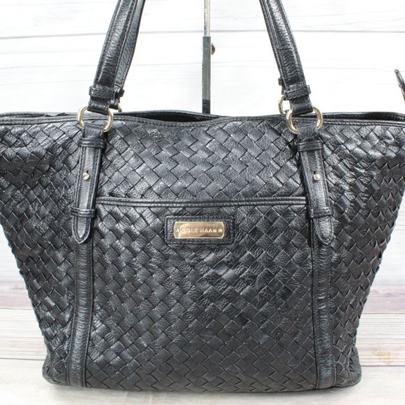 Cole Haan Black Genuine Leather Woven Design Tote Shoulder Bag - Picture 2 of 10